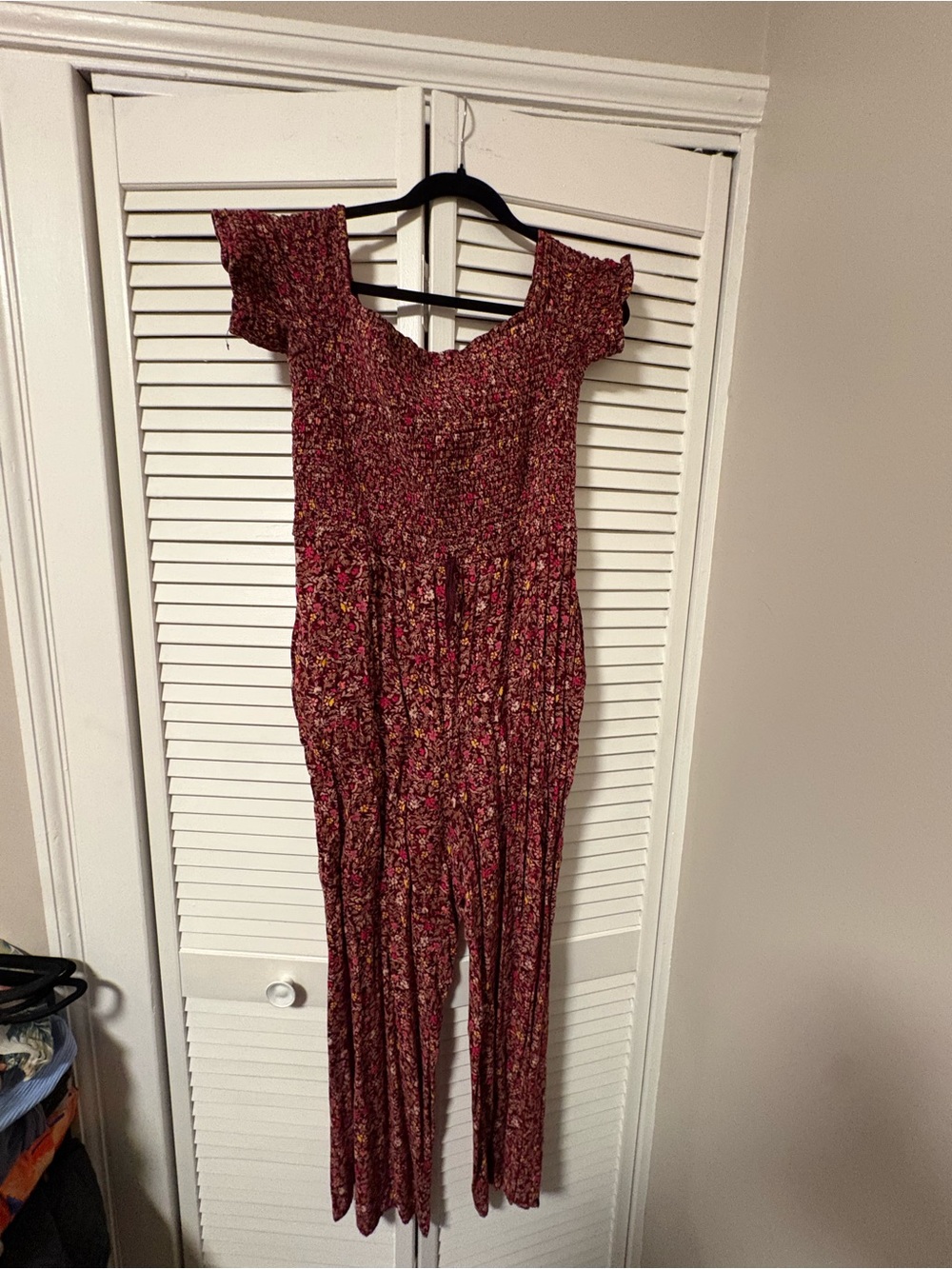 Xhilaration Burgundy Floral Smocked Jumpsuit